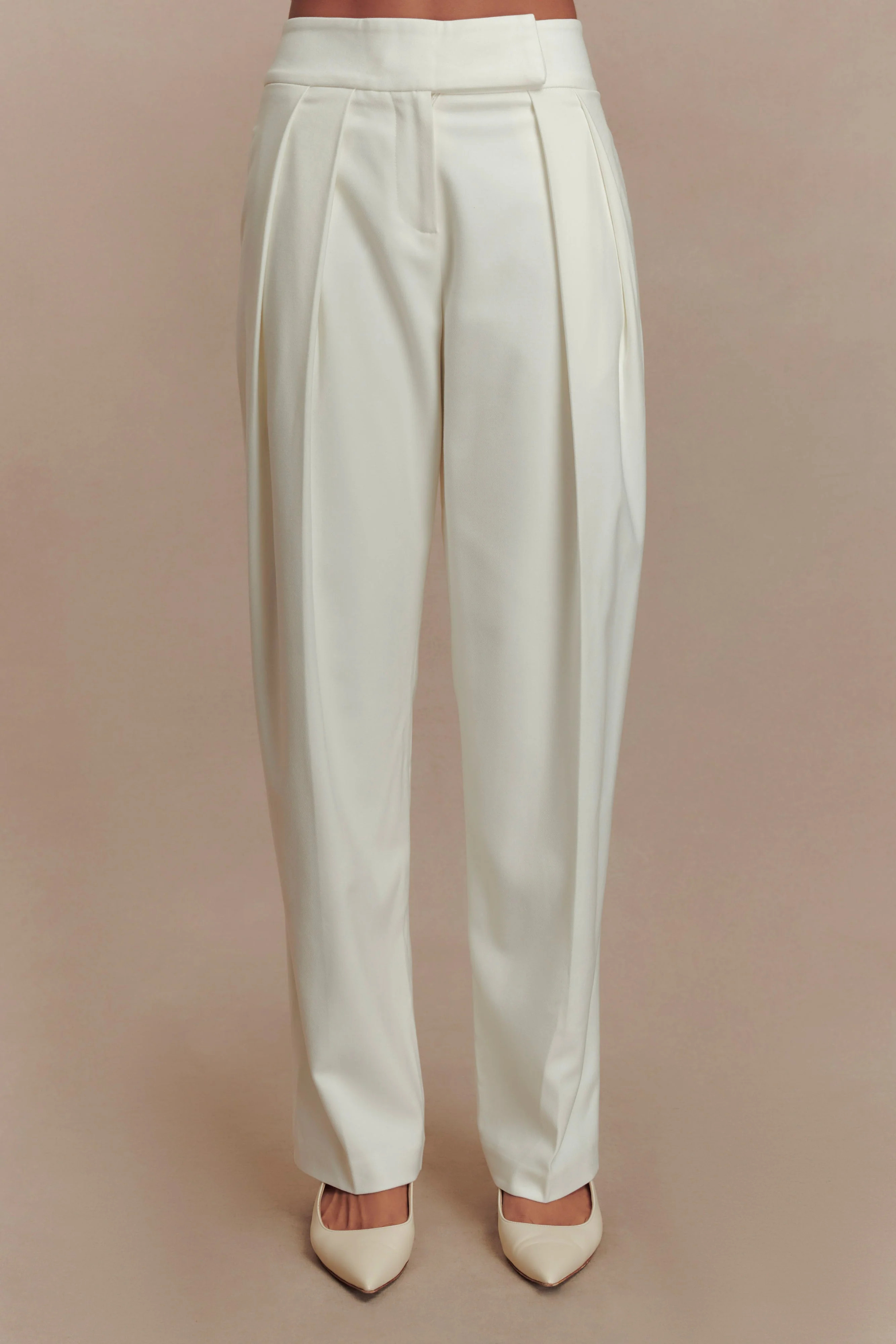 Penelope Pleated High Waisted Pants - Ivory | MESHKI US