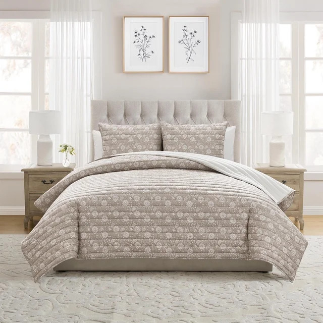 My Texas House Floral Pick Stitch 3-Piece Taupe Adult Quilt Set, Full/Queen | Walmart (US)