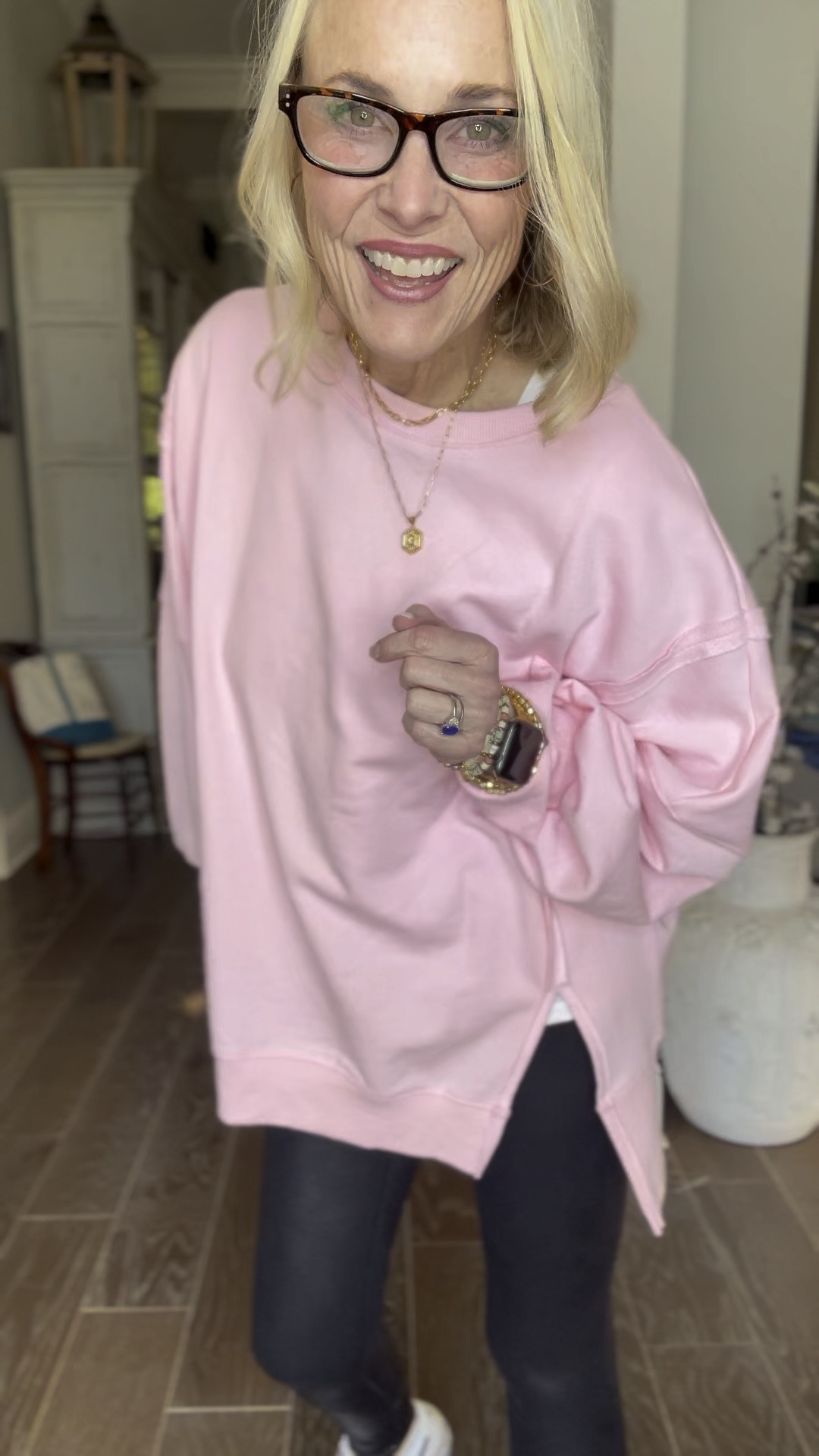 Today’s agenda is an onboarding webinar for Like to Know It, lots of errands, returns to make, and finally the LSU/Alabama showdown tonight. To tackle the day I decided on another incredible FP inspired look for less from Amazon. I paired it with black faux leather leggings, my Nikes, and all my everyday jewelry also from Amazon. 

I’m in a medium in the leggings but sized up to a large for a longer length in the sweatshirt. It’s supposed to be oversized, so the roomier the better as far as I’m concerned. 

As a reminder for reference:
I'm 53
5'8
140 Ibs
6/8
M
