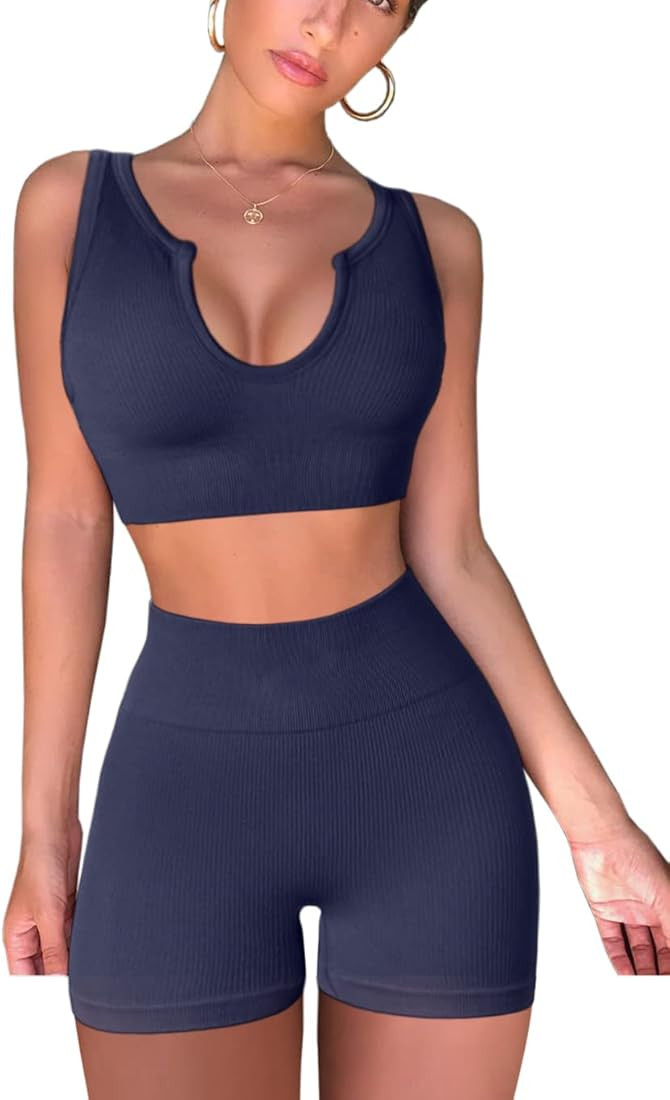 FAFOFA Seamless Workout Sets for Women Ribbed Sport Bra High Waist Running Shorts Gym 2 Piece Yog... | Amazon (US)