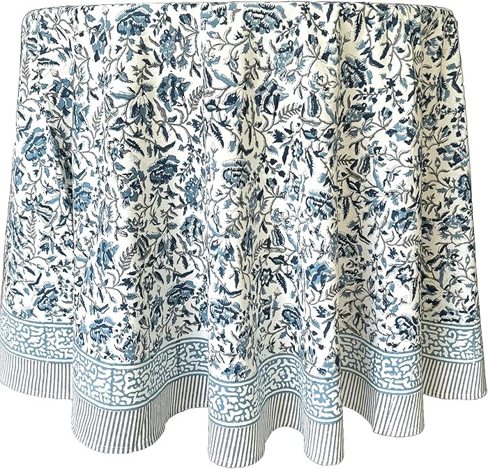 ATOSII Jodhpur Blue 100% Cotton Round Tablecloth, Handblock Print Floral Table Cloth for Kitchen ... | Amazon (US)