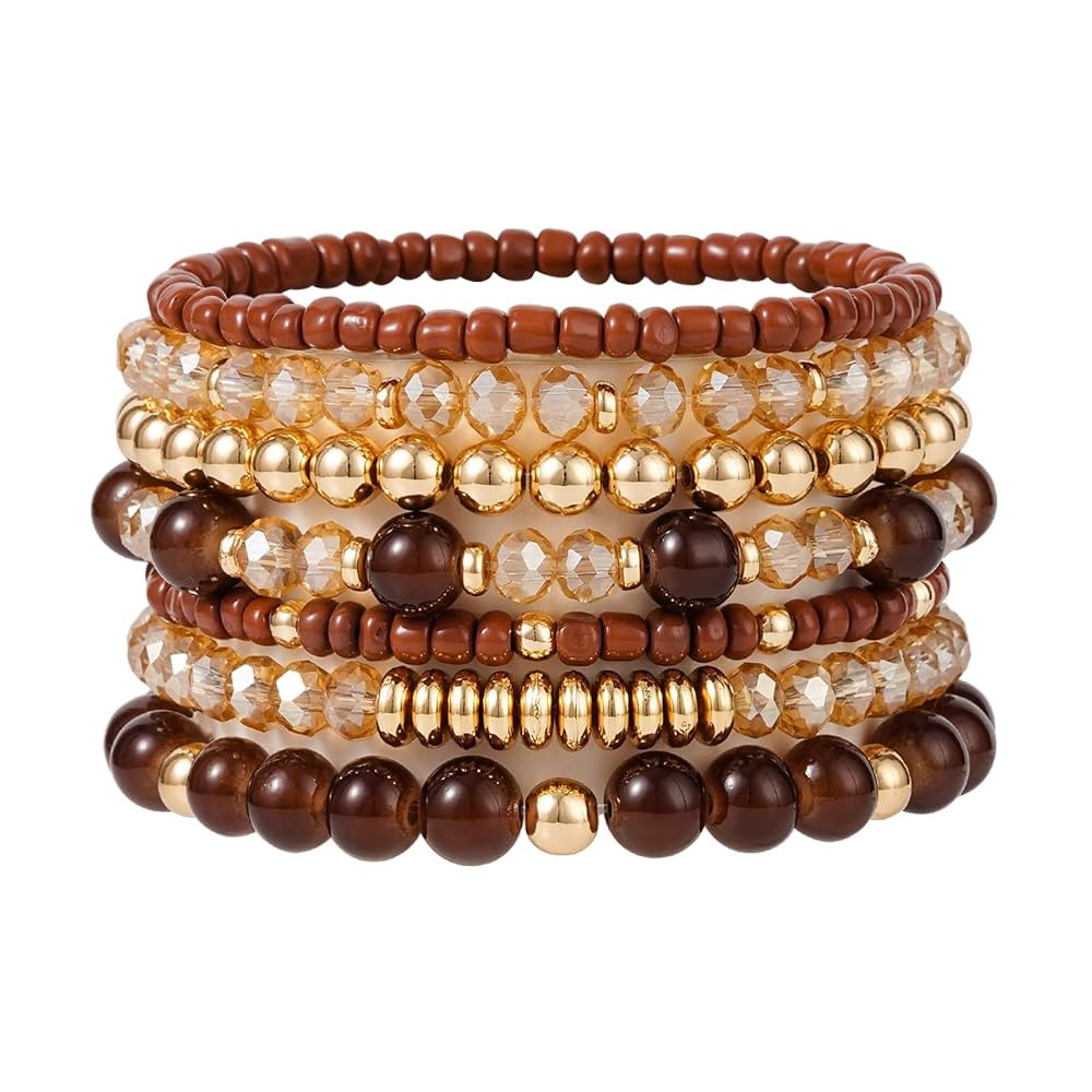 Boho Beaded Stretch Bracelets For Women Stackable Crystal Gold Beaded Bracelets Set Trendy Handma... | Amazon (US)