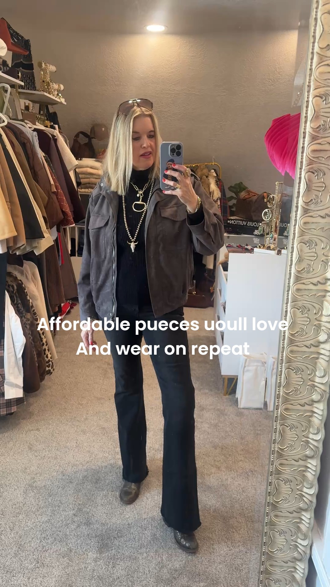 Affordable wardrobe pieces you’ll wear on repeat..

Outfit of the day

Suede members only style jacket! Comes in several colors, fits tts and so chic under $45

Black ribbed turtleneck (my favorite and love the quality)
Under $37 
Comes in other colors too

Risen black denim with frayed flavored hem  fits tts. Under $80

Metallic Frye booties  (old) 
Linked similar 

Horse but handmade necklace  under $60

Hardheaded cow head necklace ( mine is old) linked similar 




#LTKootd #LTKdayinmylife #LTKgrwm