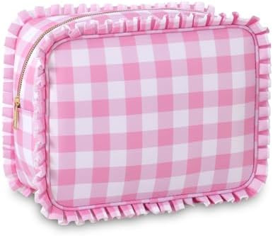 Gingham Ruffle Makeup Bag,Large Travel Cute Cosmetic Bag for Women Girls,Toiletry Bag Make up Org... | Amazon (US)