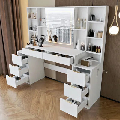Luxurious Makeup Vanity Desk with Mirror and Adjustable LED Lights, 59 Inch Table with 8 Drawers & Open Shelves for Bedroom | Wayfair North America