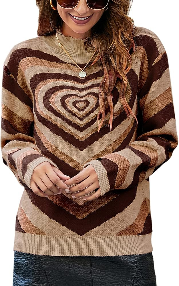 Angashion Women's Pullover Sweaters Casual Heart Printed Mock Neck Long Sleeve Color Block Knit Y... | Amazon (US)