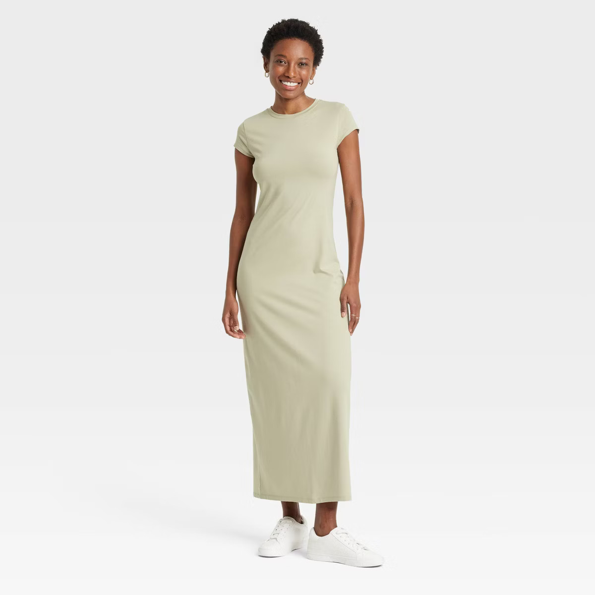 Women's Short Sleeve Knit Maxi Dress - A New Day™ Olive M: Cotton Modal Blend, Pullover, Crew N... | Target