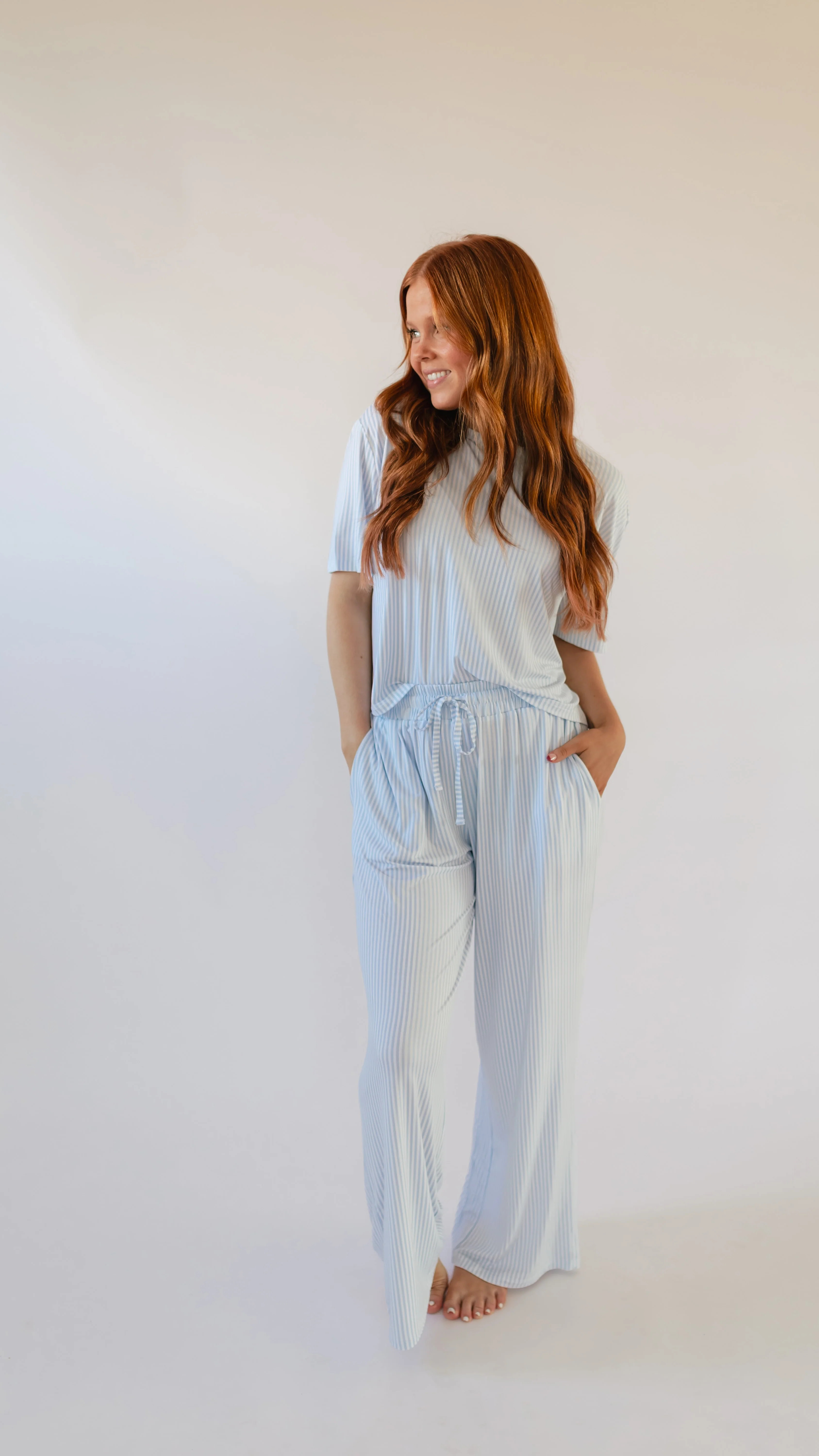 Women's T-Shirt and Pants Set in Blue Stripes | Silks Design