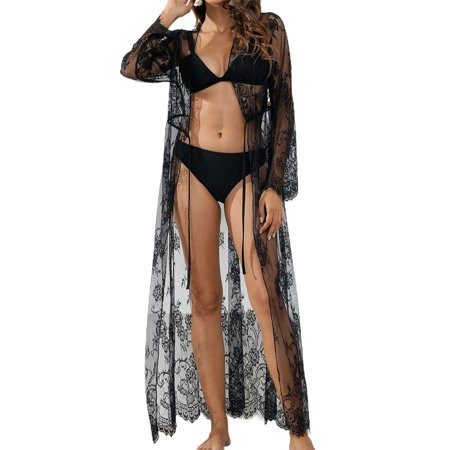 Women Open Front Cover-ups White Beach Cover up dress Tunic Long Pareos Beachwear Long Sleeve Embroi | Walmart (US)