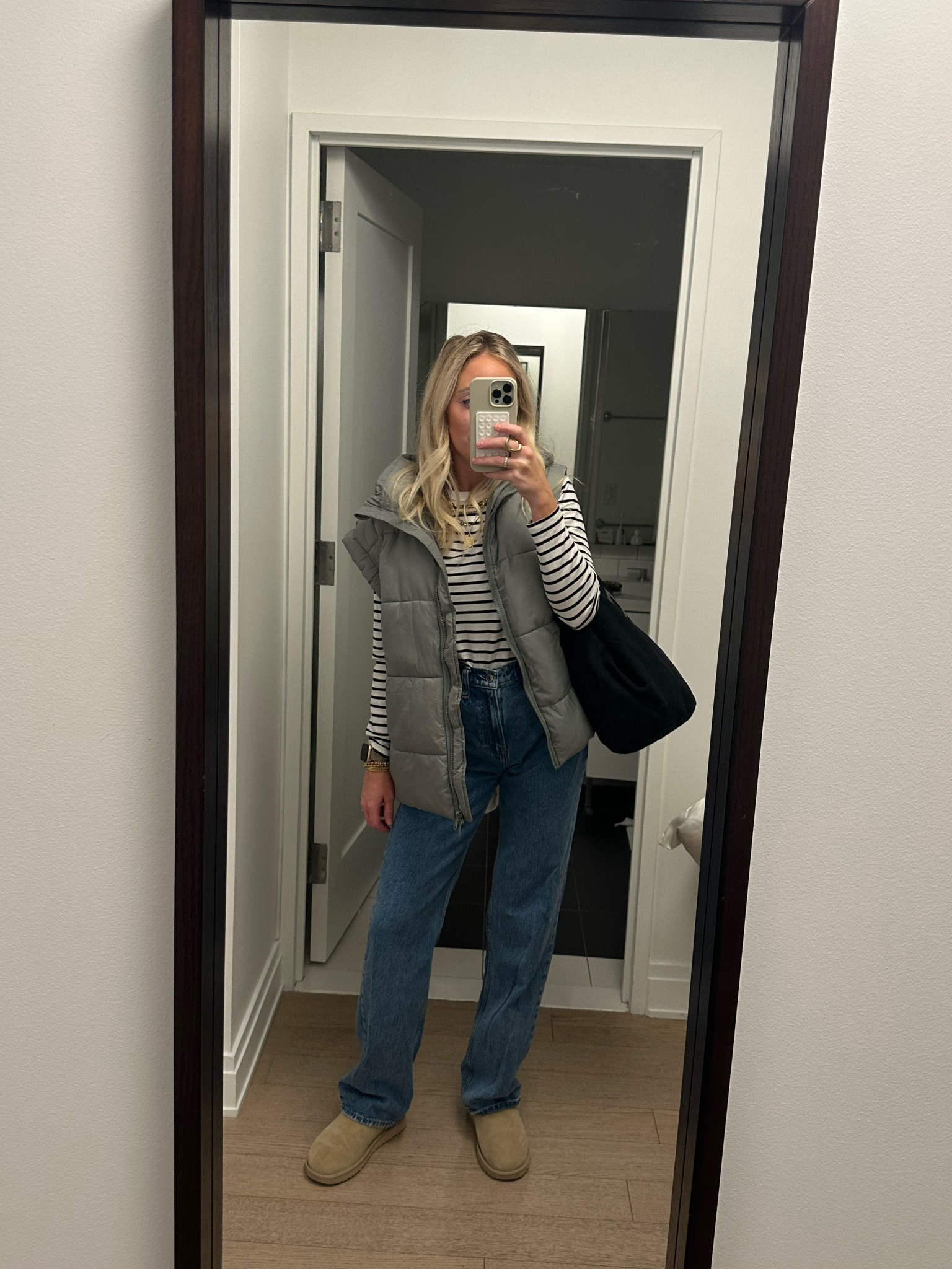 Todays ootd! Wearing my true size denim (24L), XS tee, and true size vest (XS- it’s oversized) & comes in 12 colors!  Ugg dupes are linked 

#LTKfindsunder100 #LTKSeasonal #LTKstyletip