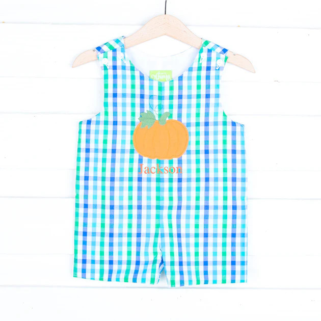 Pumpkin Applique White, Green and Blue Check Jon Jon | Classic Whimsy