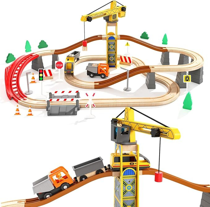 Giant Bean Tower Crane Wooden Train Set, 72pcs Toy Battery Operated Train Track for Boys and Girl... | Amazon (US)