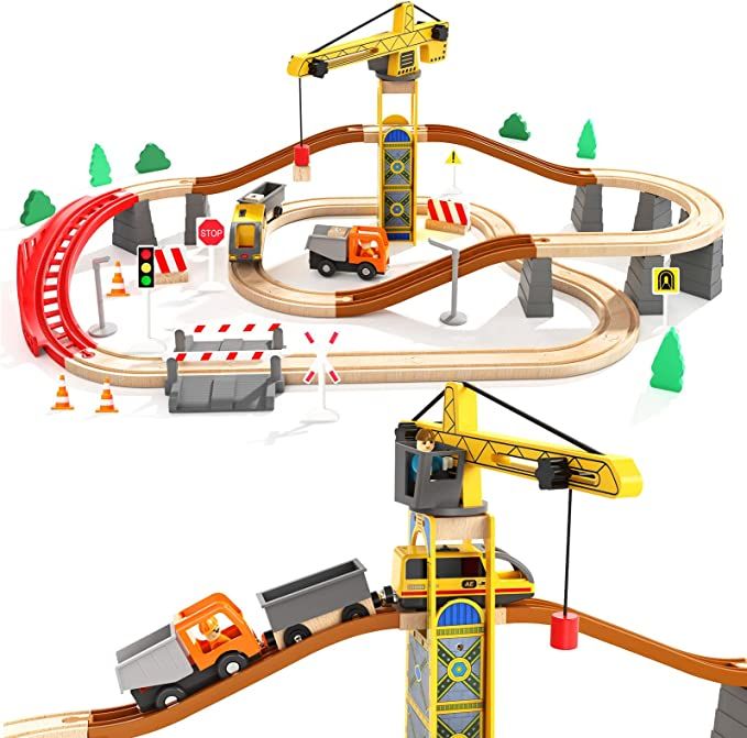 Giant Bean Tower Crane Wooden Train Set, 72pcs Toy Battery Operated Train Track for Boys and Girl... | Amazon (US)
