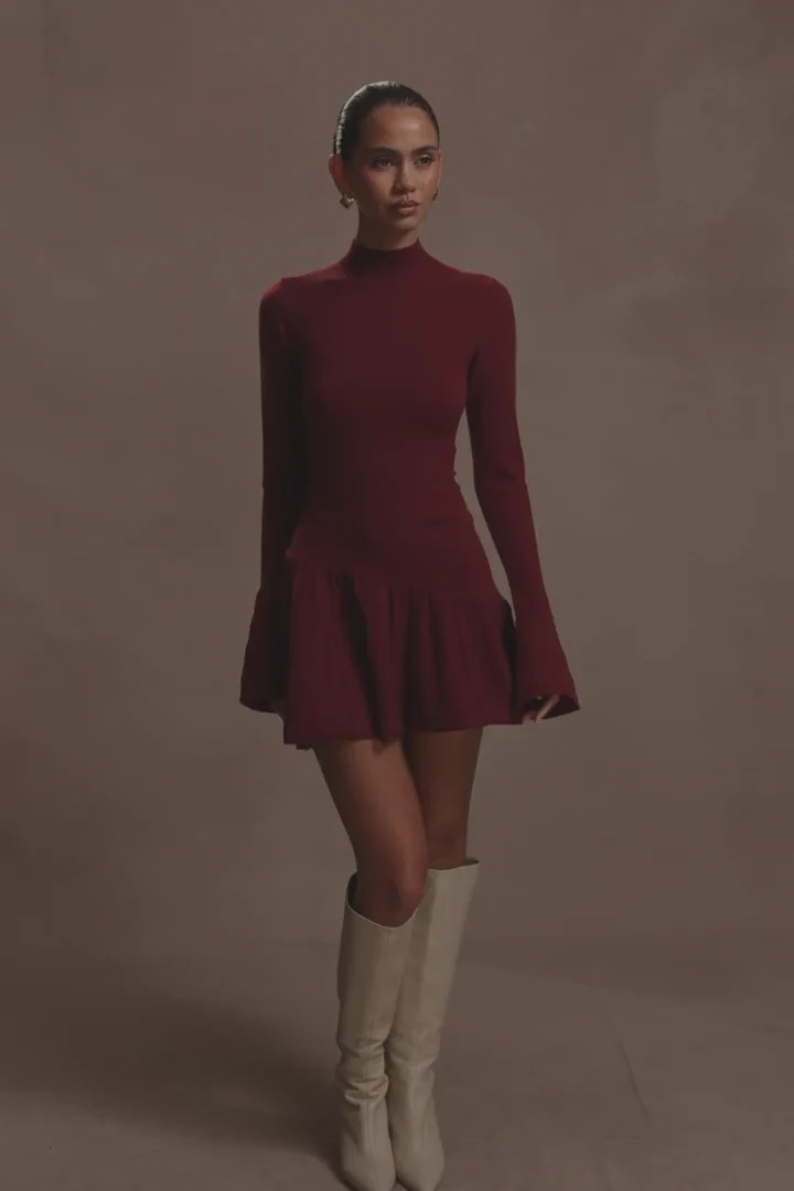 Blair Knit Mini Dress With Pleats - Merlot | Meshki UK