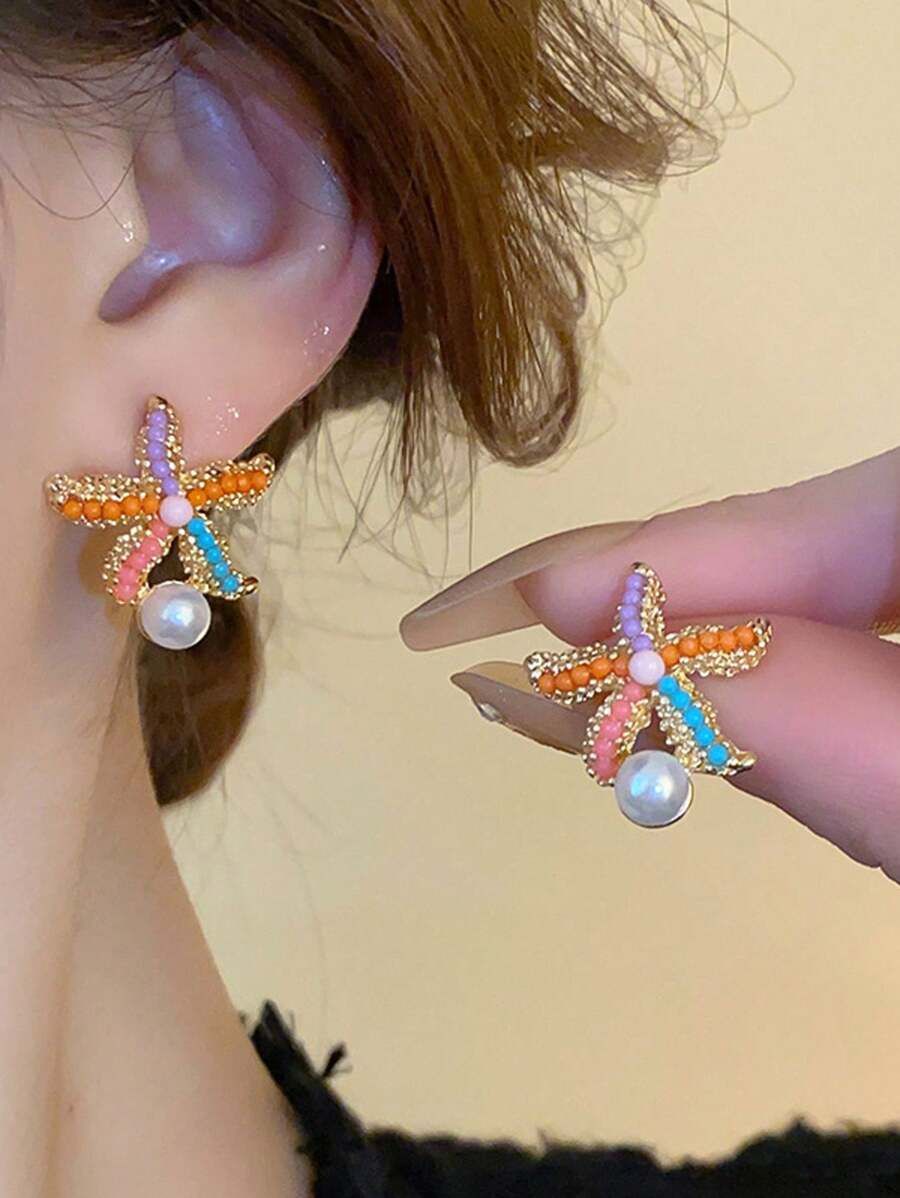1pair Starfish & Rice Bead & Faux Pearl Stud Earrings | SHEIN