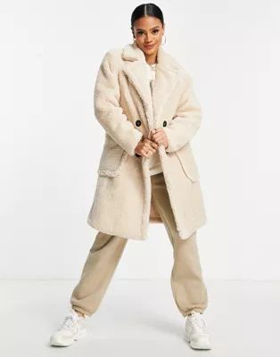 QED London double breasted borg coat in cream | ASOS | ASOS (Global)