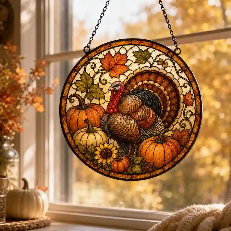 Vault Crest Stained Glass Suncatcher Turkey Pumpkin Harvest Window Hanging | Walmart (US)