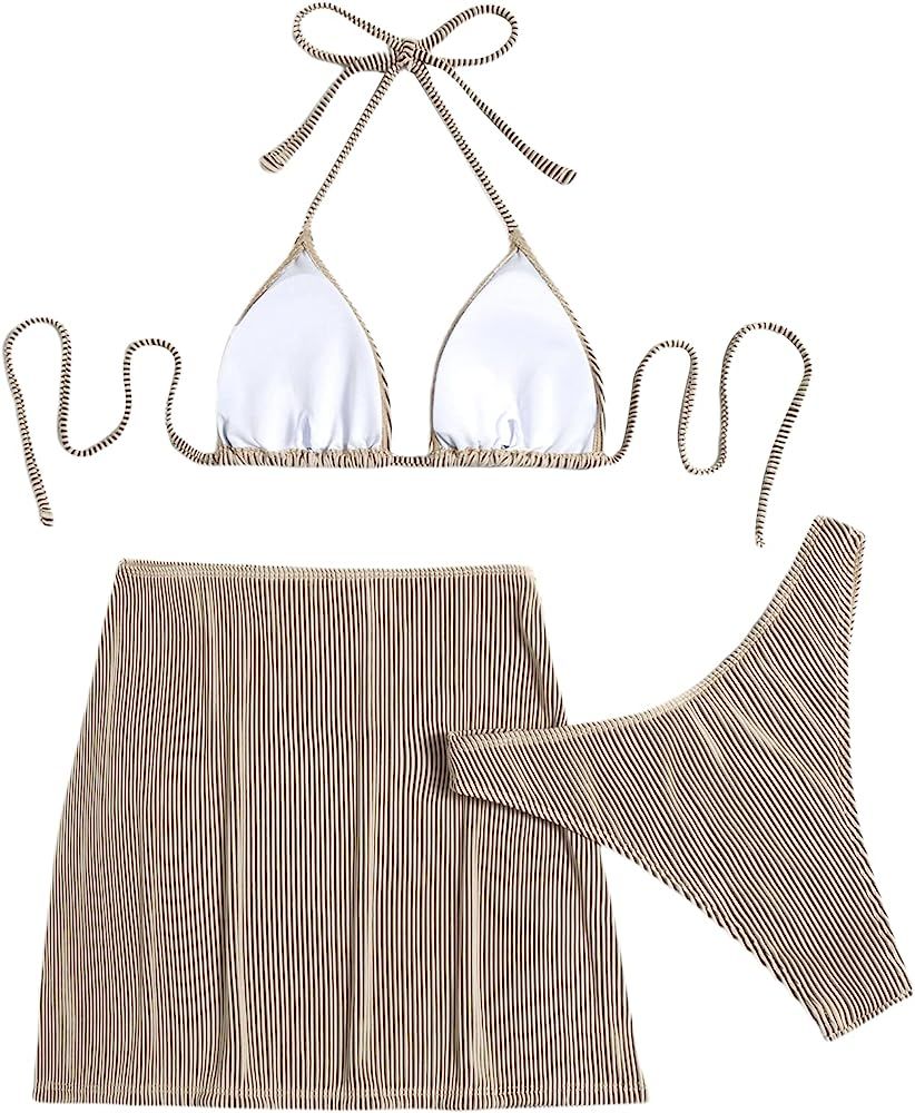 SheIn Women's 3 Pieces Rib Halter Tied Knot Triangle Bikini and Skirt Swimsuit Sets | Amazon (US)
