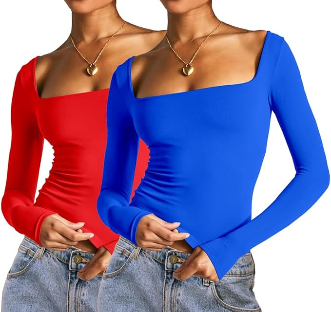 Abardsion 2 Piece Square Neck Tops for Women Slim Fit Double Layer Fall Long Sleeve Crop Top T Sh... | Amazon (US)