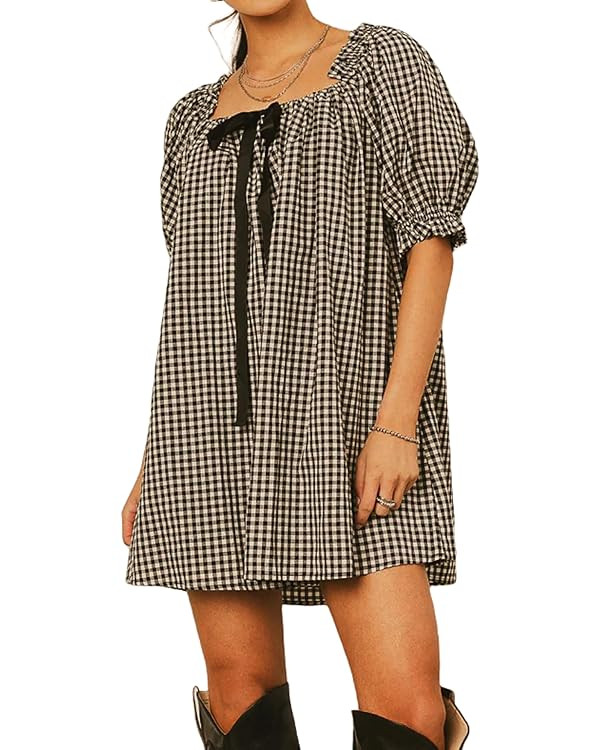 Women Gingham Babydoll Dress Puff Sleeve Square Neck Mini Dress Tie Front Plaid Print Flowy Short... | Amazon (US)