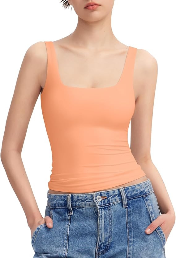 PUMIEY Women's Square Neck Tank Top Sleeveless Double Lined Basic Tops Sharp Collection | Amazon (US)