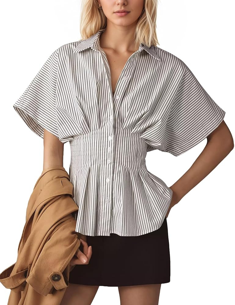 Womens Striped Button Down Shirts Short Sleeve Pleated Peplum Shirts Dressy Casual Lapel Tops Sum... | Amazon (US)