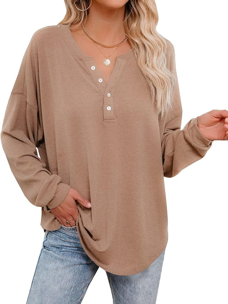 For G and PL Women's Long Sleeve V Neck Button Down Henley Top | Amazon (US)