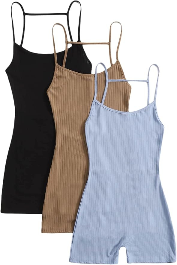 Floerns Women's Three Piece Sleeveless Solid Back Cami Rompers Backless Shorts Jumpsuit Outfit | Amazon (US)