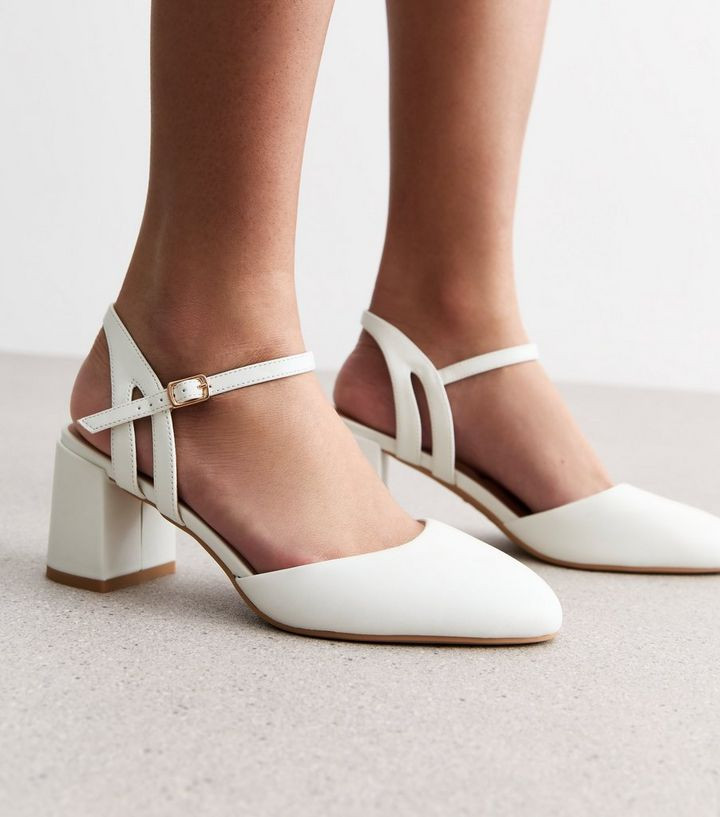 Wide Fit White Leather-Look Block Heel Court Shoes | New Look | New Look (UK)
