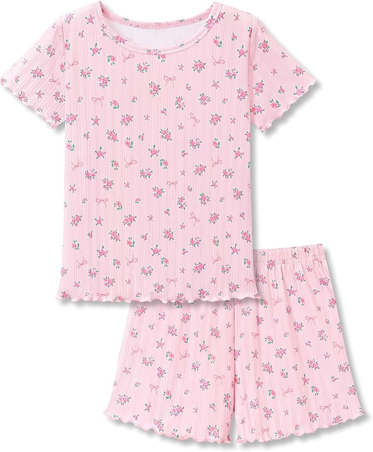 Beezizac Girls Pointelle Knit Lettuce Trim Pajama Set-Cute Floral/Cherry/Bow Tee & Shorts 2-pc PJ... | Amazon (US)