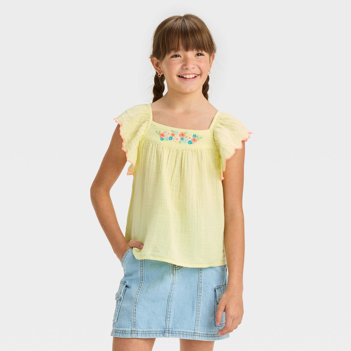 Girls' Ruffle Sleeve Woven Embroidered Top - Cat & Jack™ | Target