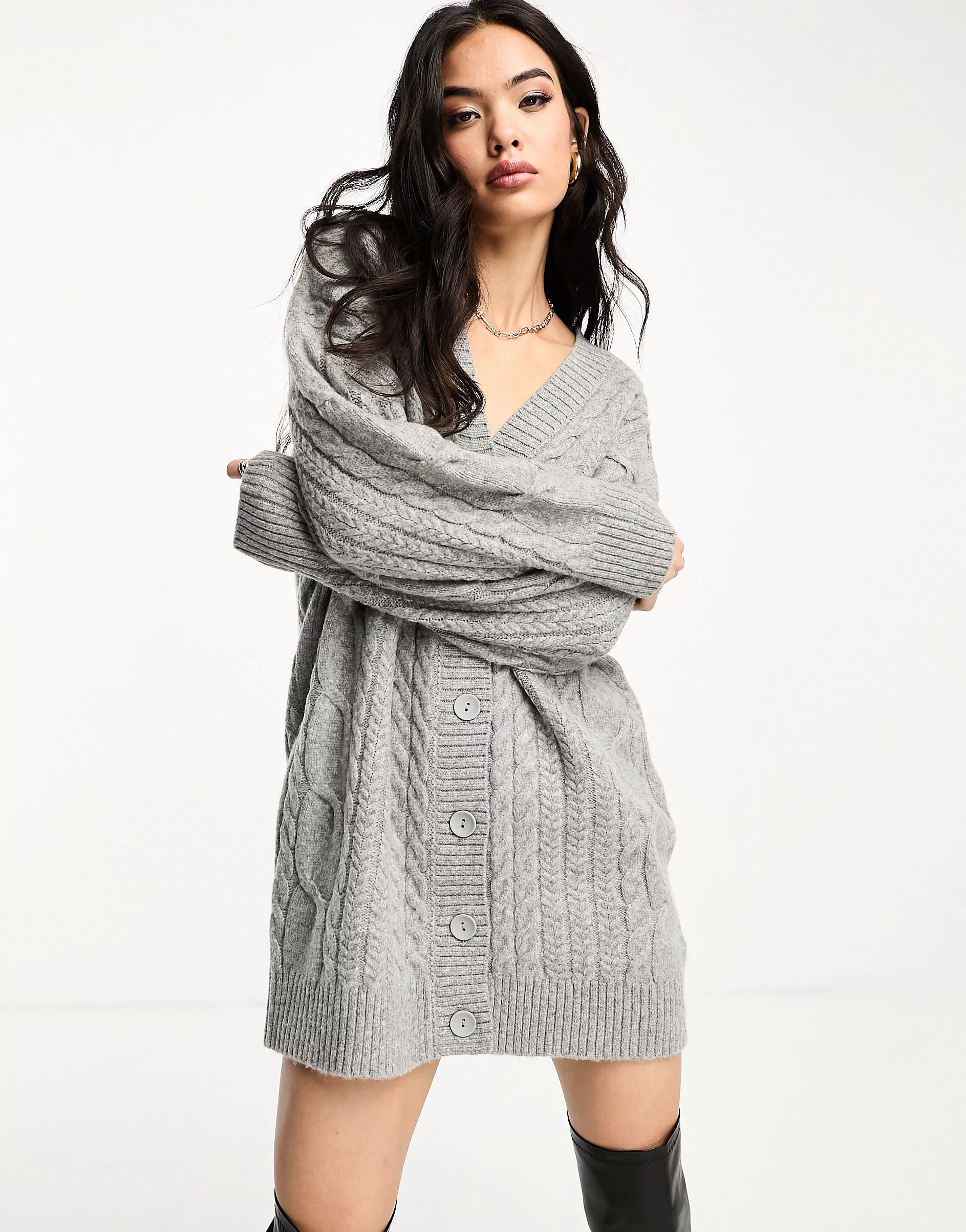 ASOS DESIGN cable cardigan mini dress in gray | ASOS (Global)