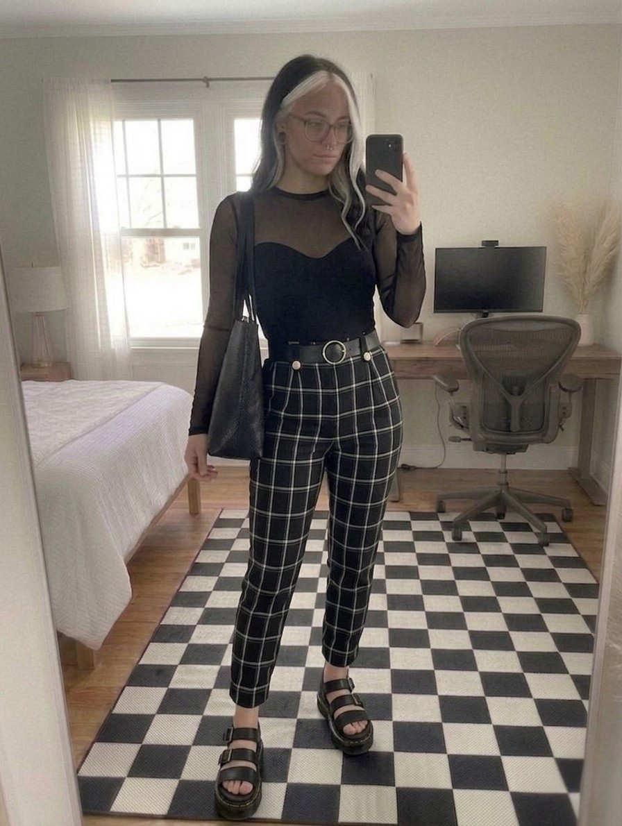 Obsessed with this dark academic meets grunge look! 🖤 I’ve found the perfect mesh bodysuit with a sweetheart neckline that adds just the right amount of "dark romance" to your wardrobe. These windowpane trousers are a total staple—tapered, high-waisted, and featuring those iconic gold button details. Pair them with chunky platform sandals (yes, with the yellow stitching!) and a bold O-ring belt to complete the vibe. Everything is linked below!

#LTKootd #LTKSeasonal #LTKMidsize