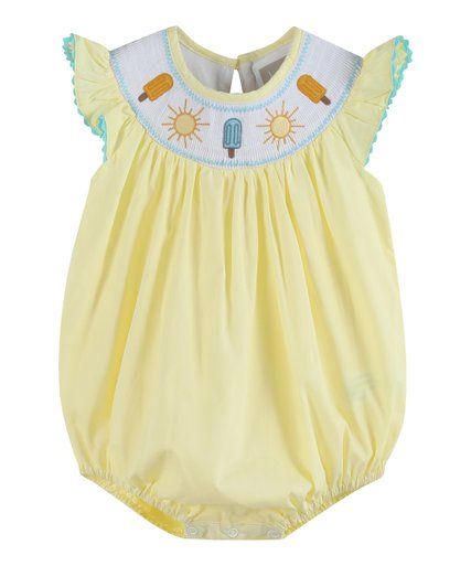 Lil Cactus Yellow & White Ice Pop Appliqué Smocked Angel-Sleeve Romper - Infant & Toddler | Zulily