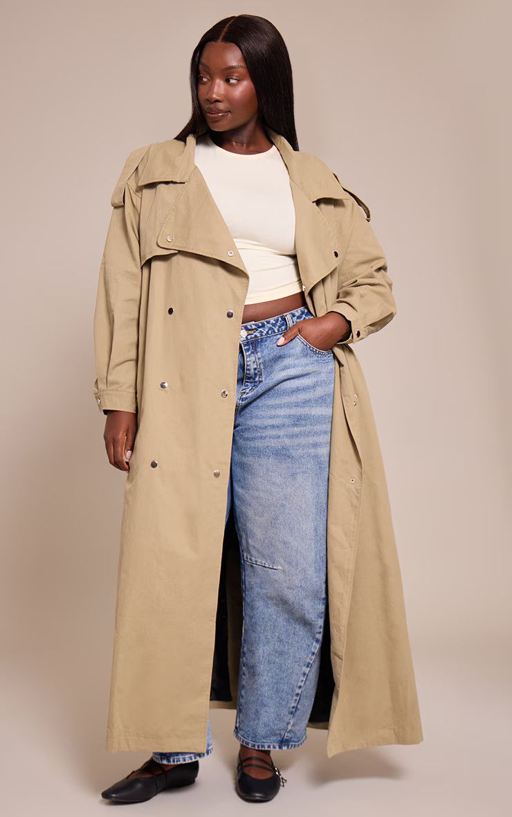 Plus Light Khaki Popper Detail Trench Coat | Plus Size | PrettyLittleThing US