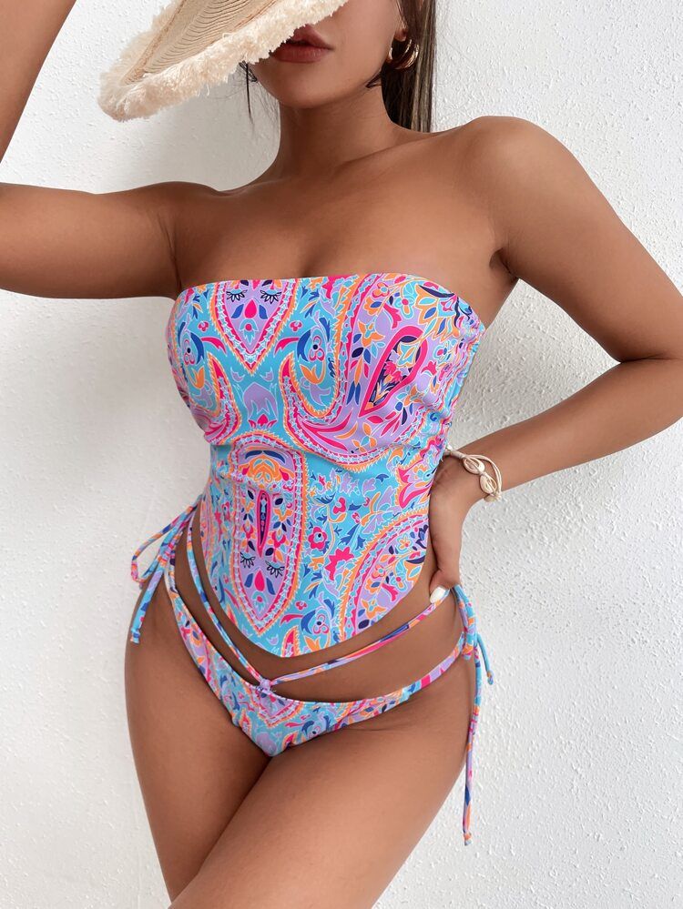 SHEIN SXY Allover Print Bandeau Bikini Swimsuit | SHEIN