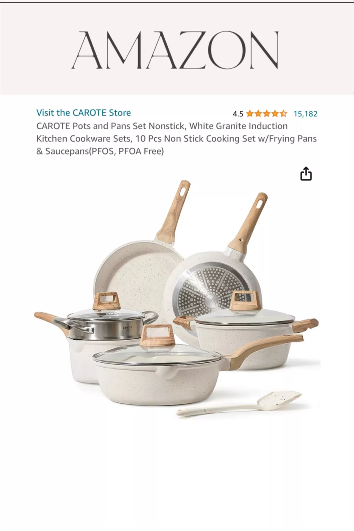 CAROTE Pots and Pans Set Nonstick, White Granite Induction Kitchen Cookware  Sets, 10 Pcs Non Stick Cooking Set w/Frying Pans & Saucepans(PFOS, PFOA  Free)