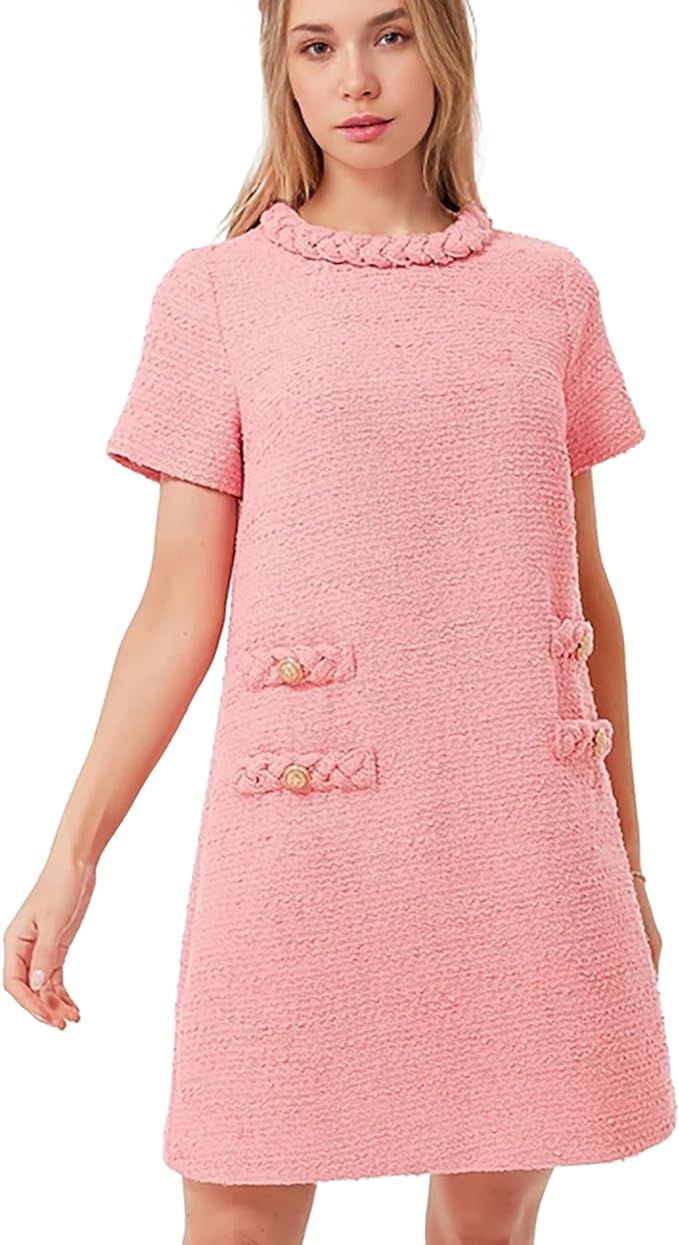 Womens Tweed Jackie Dress Elegant Crew Neck Short Sleeve Button Bodycon Mini Dresses(Pink,L) | Amazon (US)