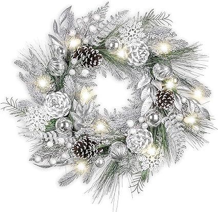 Valery Madelyn Pre-Lit 24 inch Frozen Winter Silver White Lighted Christmas Wreath for Front Door... | Amazon (US)