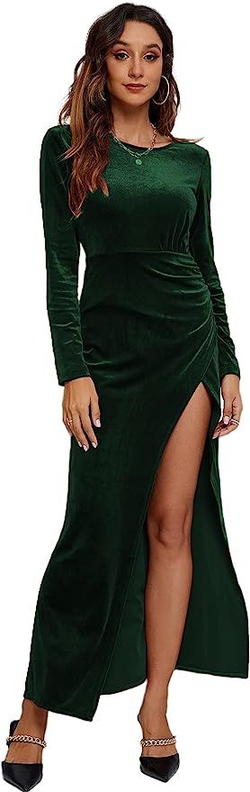 CMZ2005 Women's Velvet Long Sleeves Backless Party Maxi Dress Ruched High Side Slit Formal Evenin... | Amazon (US)