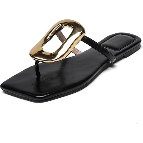 Flip-Flops for Women Thong Sandals Flat Black Slip on Slides Leather Beach Comfort Open Square To... | Amazon (US)