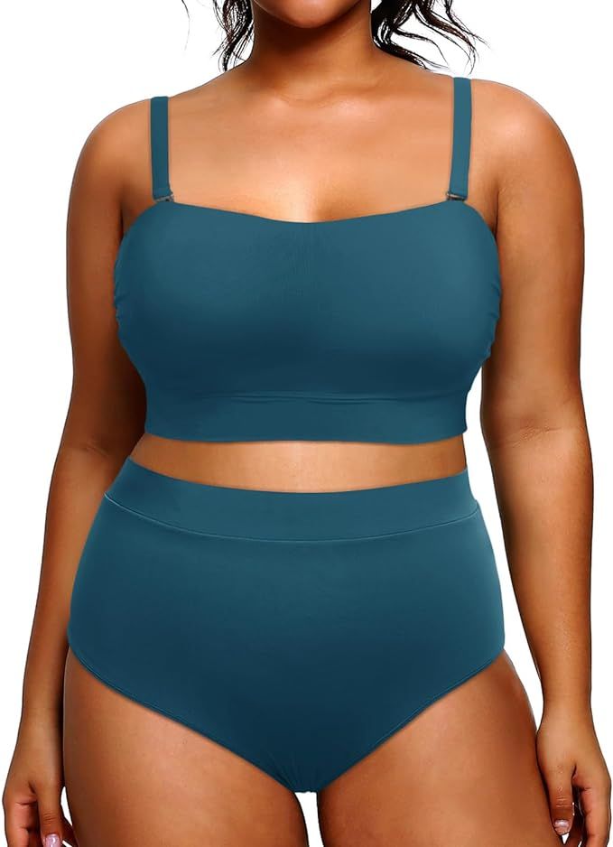 Tempt Me Women Plus Size High Waisted Bikini Bandeau Two Piece Swimsuit | Amazon (US)