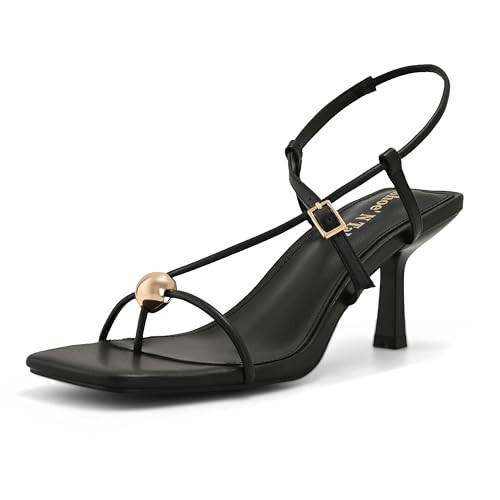 Shoe'N Tale Women's Kitten Heeled Sandals Flip Flop Square Open Toe Strappy Ankle Strap Dress Party Shoes(9.5,Black | Amazon (US)