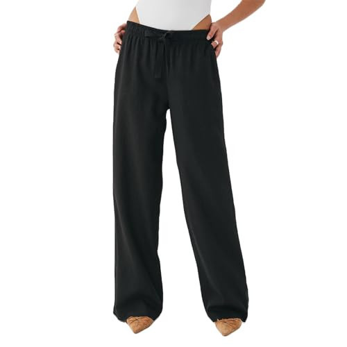 Aiwpstoin Wide Leg Pants for Women Elastic Waist Drawstring Palazzo Linen Pants Causal Summer Beach Pants with Pockets (Black, L) | Amazon (US)