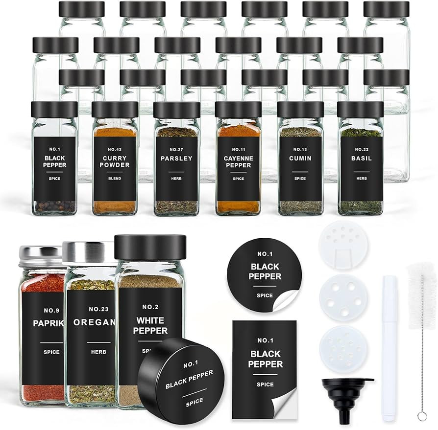 Amazon.com: OMOZUN Spice Jars with Label, 24pcs 4oz Glass Spice Jars with Black Lids, Square Spic... | Amazon (US)
