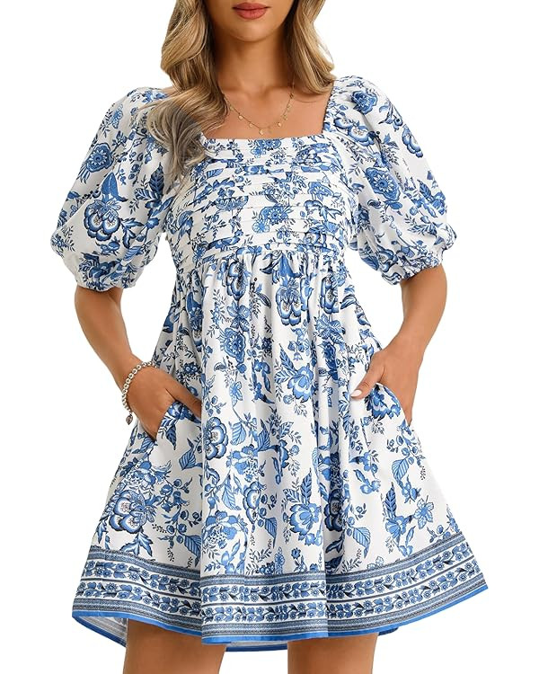 Wenrine Womens Summer Square Neck Mini Dresses Casual Floral Puff Short Sleeve Smocked High Waist... | Amazon (US)