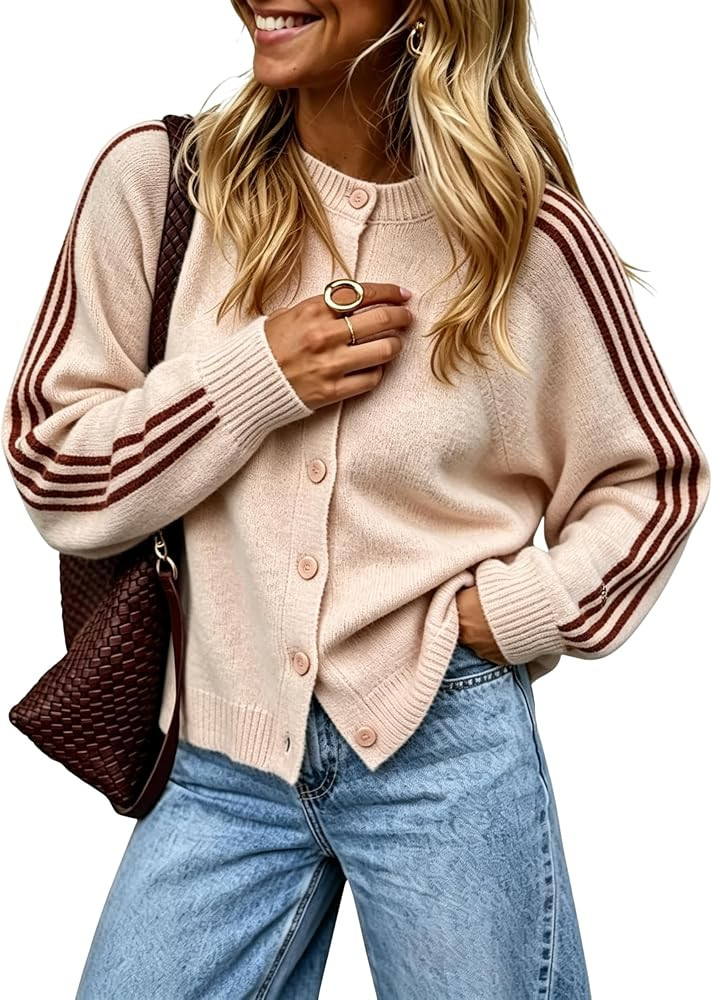 AMEBELLE Women Striped Cardigan Button Down Raglan Long Sleeve Knit Tops | Amazon (US)