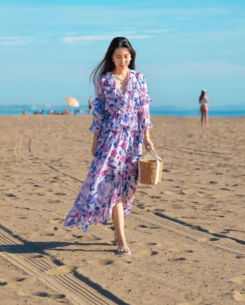 VintageClothing Women's Floral Maxi Dresses with Sleeves Flowy Boho Beach Dress | Amazon (US)
