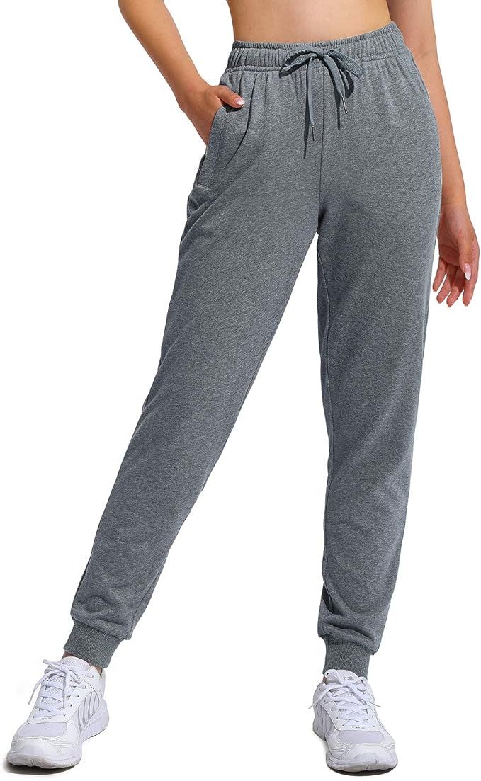 WALK FIELD Cotton Sweatpants for Women with Zipper Pockets Drawstring Tapered Jogger Pants | Amazon (US)