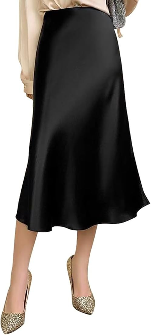 Womens Silky Satin Midi Skirt High Waist Elastic Waist A Line Skirt | Amazon (US)
